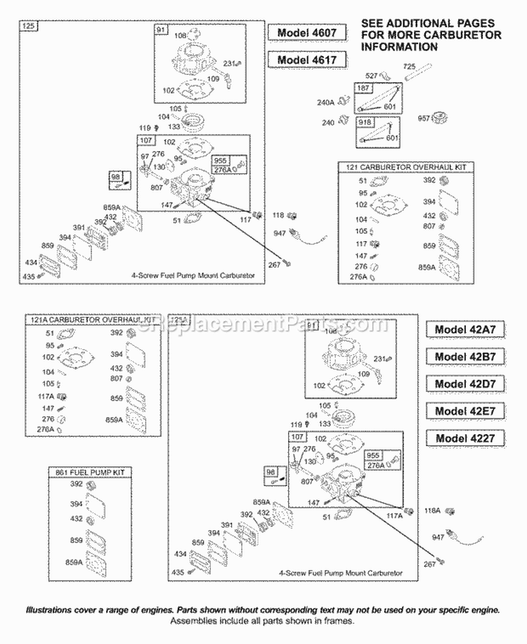 Carburetor KitsGaskets-Carburetor Diagram and Parts List for 42B707-2265-E1  Briggs and Stratton Engine
